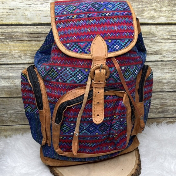 Multicolor Tapestry Embroidered Fabric Tan Leather Trim Drawstring Backpack main image 7